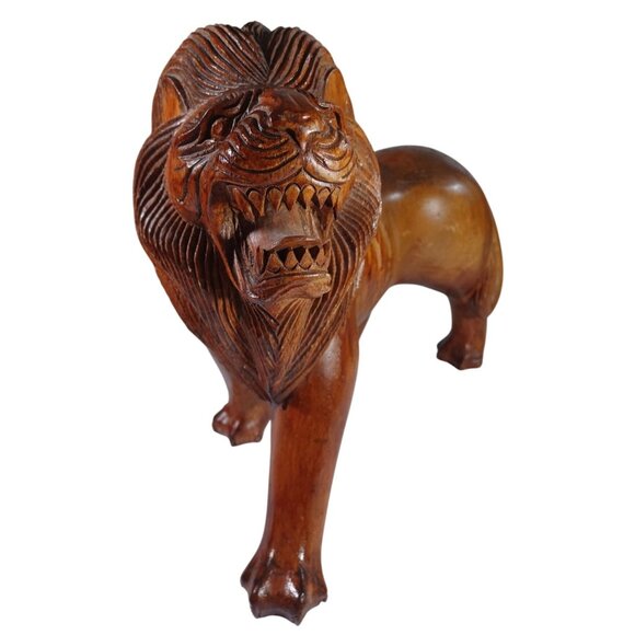 Set o2 Huge Hand-Carved Mid Century Wooden Wood  Roaring Lion Statues 17x13 - Picture 14 of 16